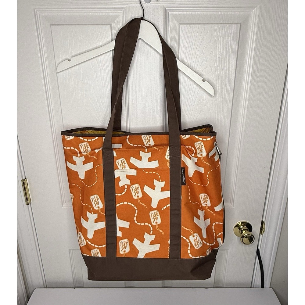 Samantha Brown Extra Large Travel Tote Bag Orange Brown White Airplanes